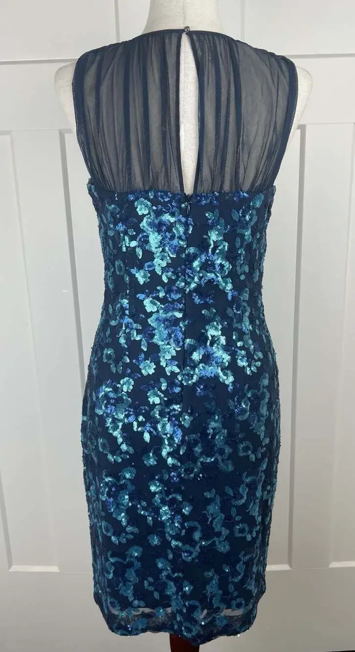 Belle Badgley Mischka Dress 8 Blue Sequin Mesh Sheath Cocktail NWT $219